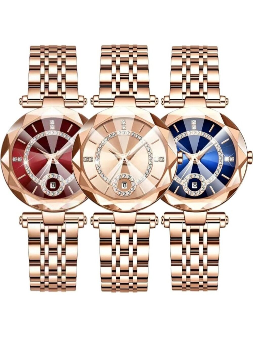 Women's Rose Blue Rhinestone Bracelet Creative Stainless Steel Strap Wristwatch - Picture 5 of 5
